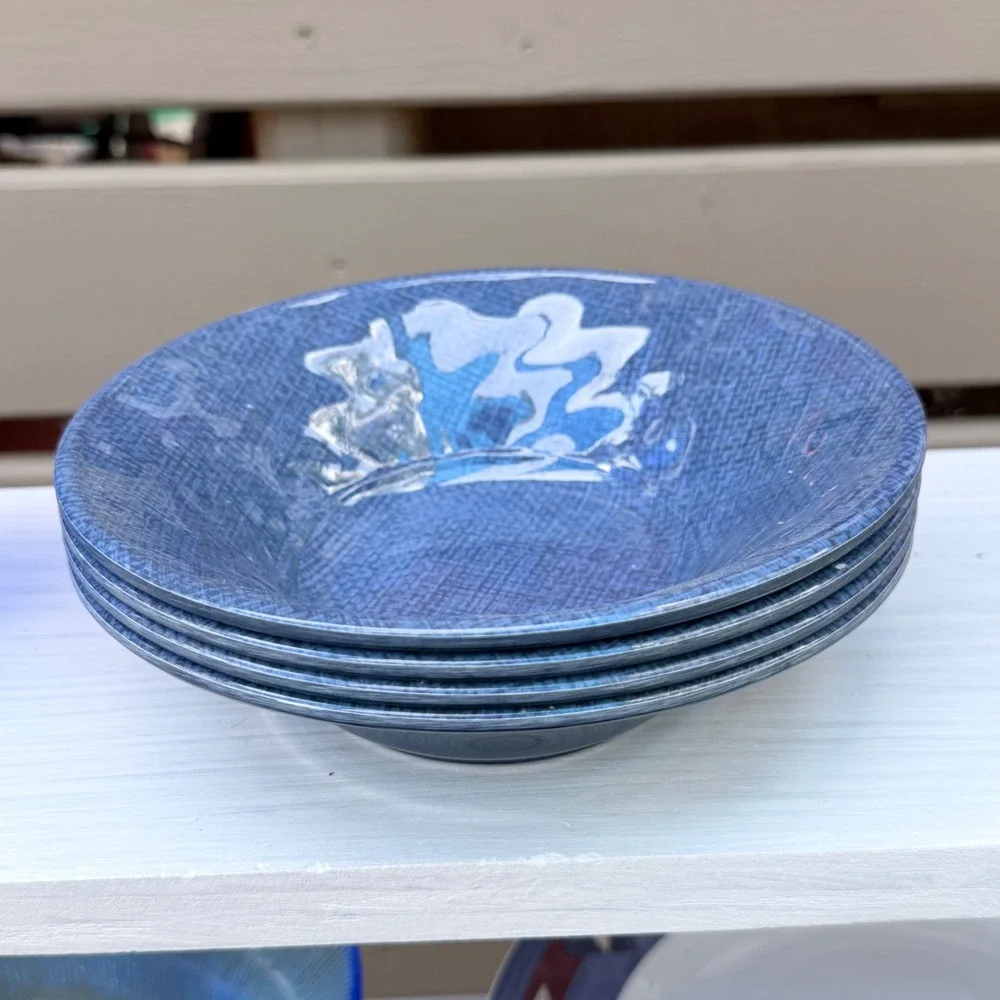 Set of 4 Dark Blue Textile-Look High Gloss Heavy‎ Melamine Cereal Bowls